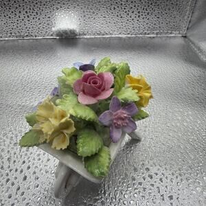 Vintage Golden Crown E&R Porcelain Wheelbarrow of Flowers Figurine